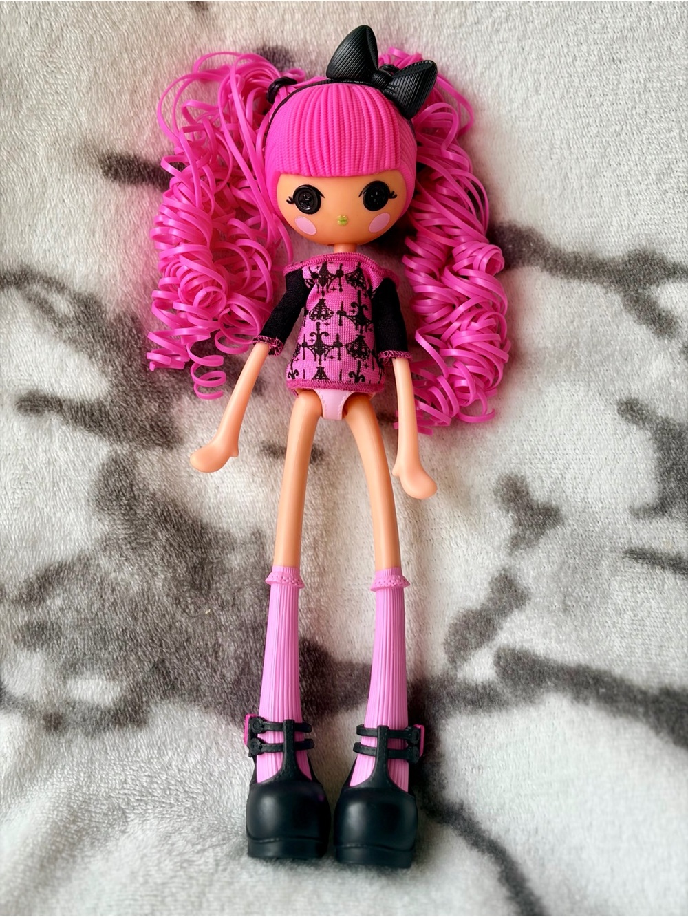 Pink Curly-Hair Fashion Doll with Black Bow and Shoes